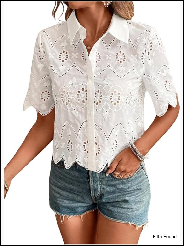 Short Sleeve Button Down Collared Blouse With Embroidery Eyelet Crop Top Boho